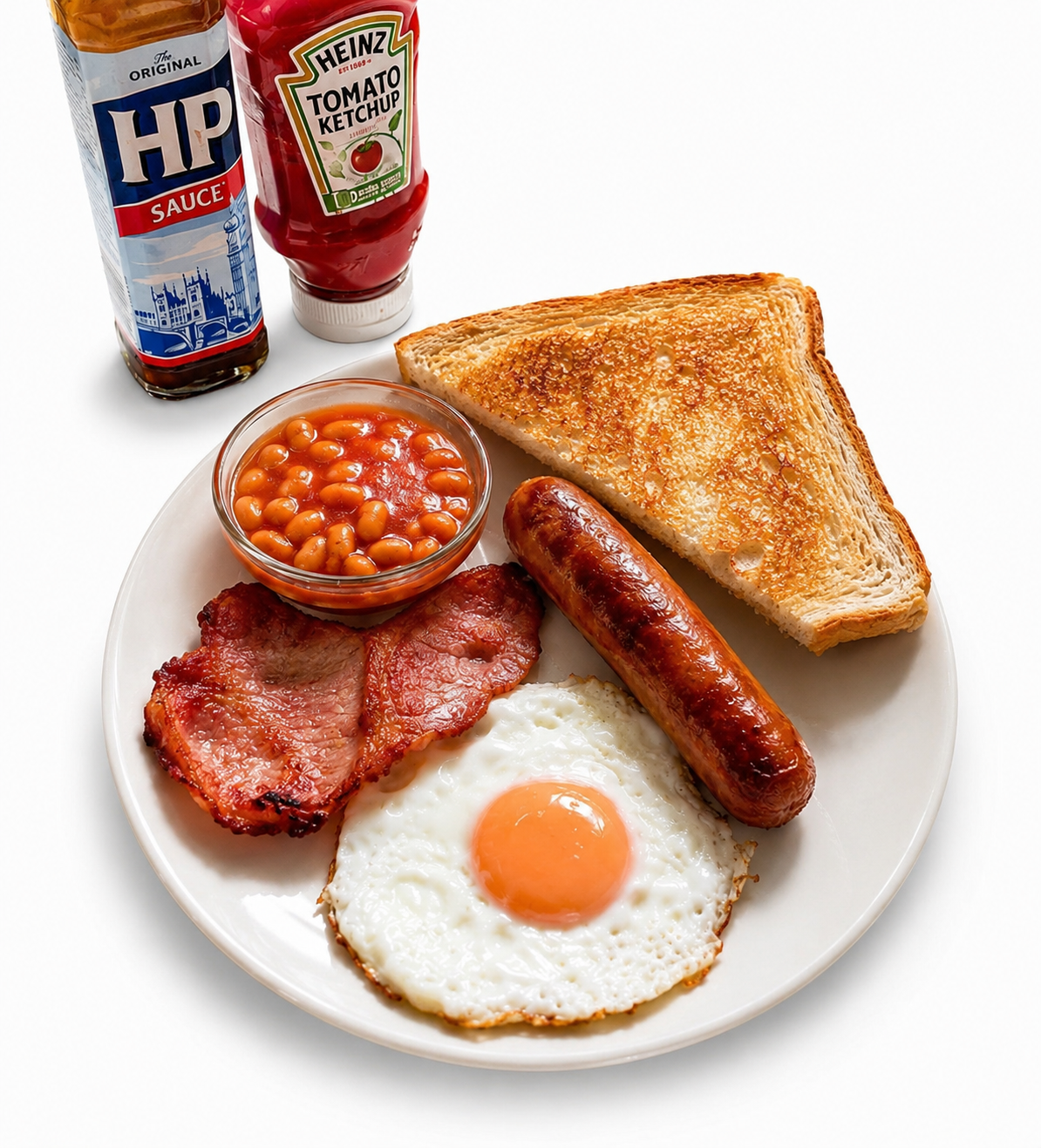 Mini Irish breakfast with sausage, rasher, fried egg, beans and toast