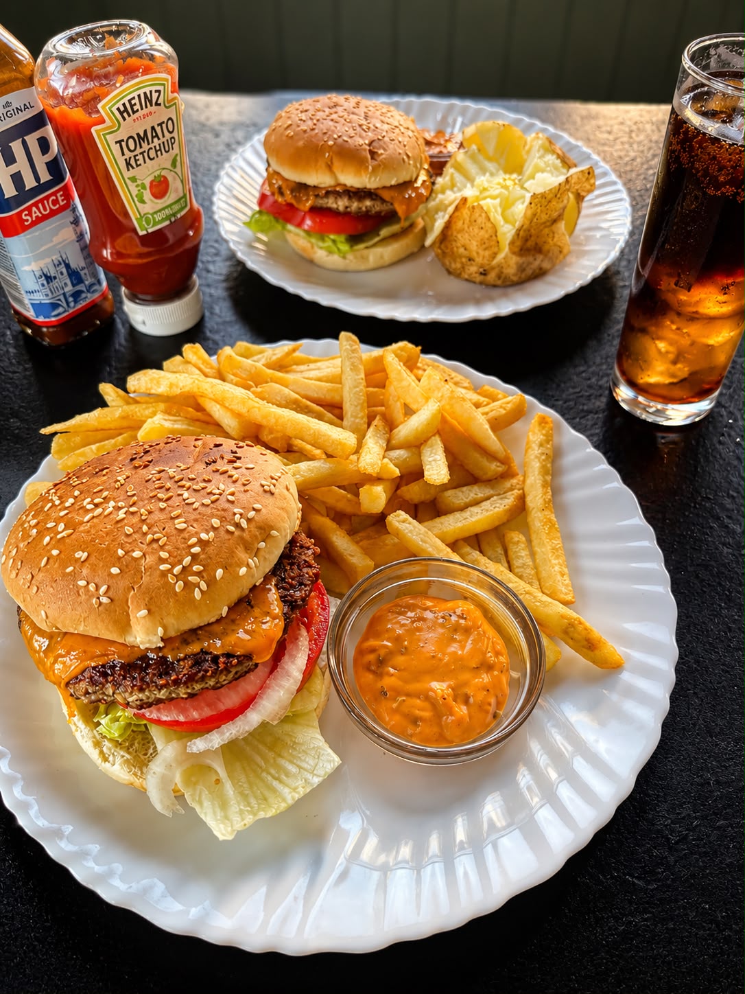 Irish beef cheeseburger with chips and dipping sauce