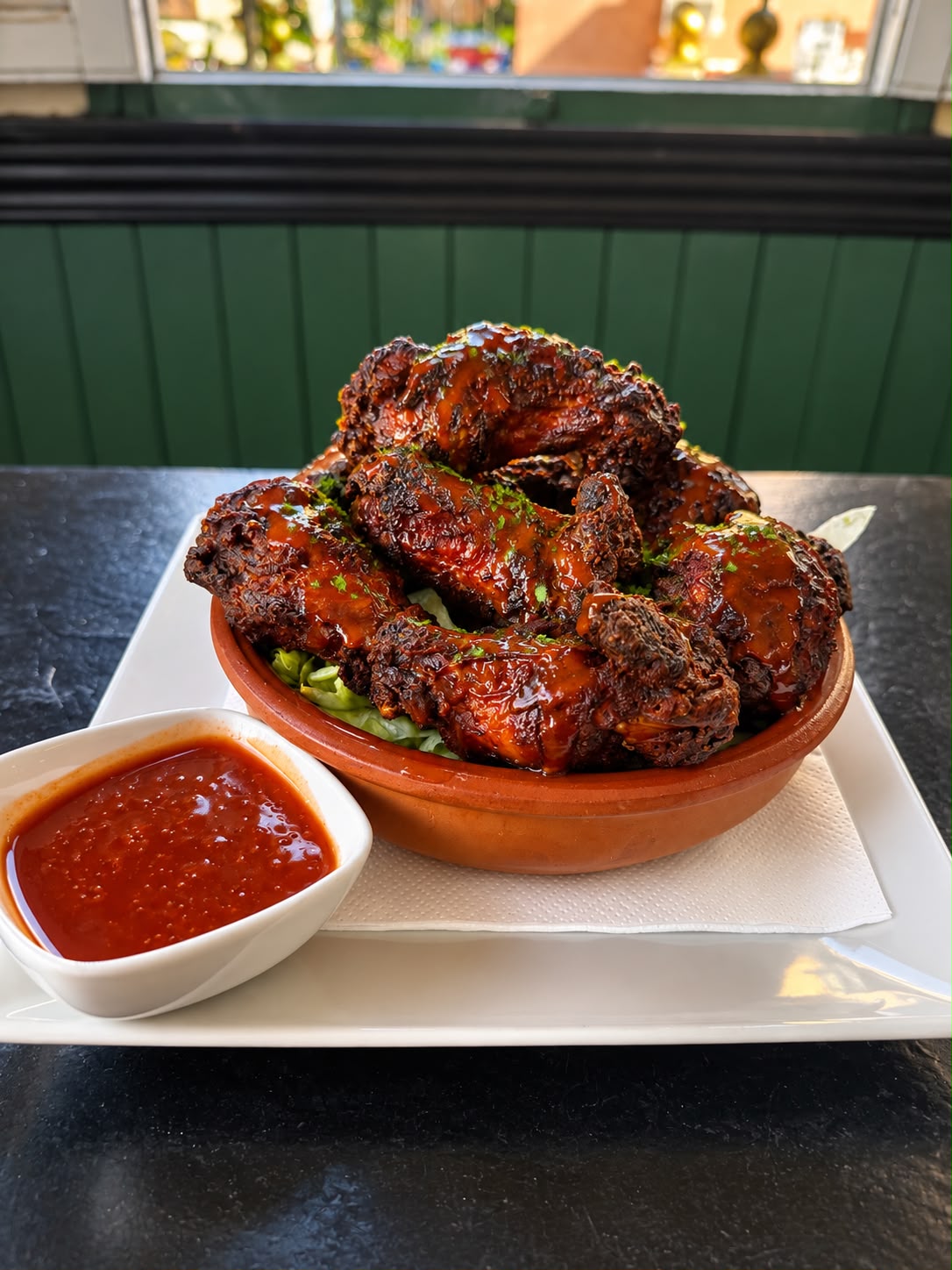 Hot wings in a hot chilli sauce with a side of sauce at The Irish Table
