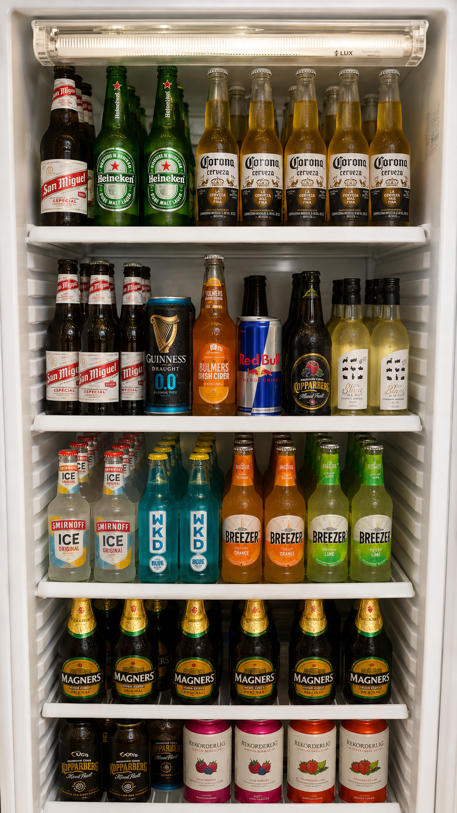 Stocked drinks fridge with San Miguel, Heineken, Corona, Magners and Rekorderlig bottles