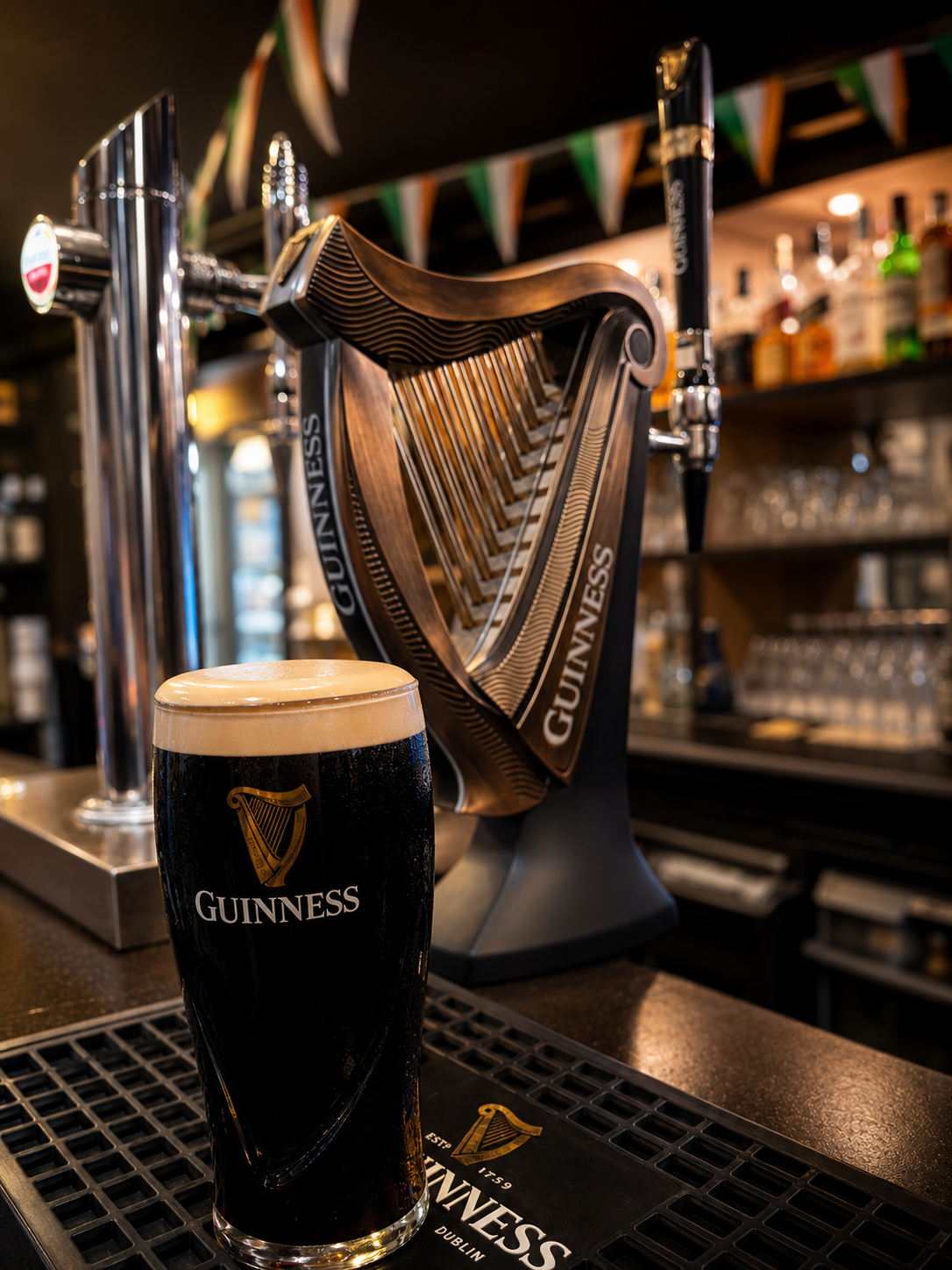 A perfectly poured pint of Guinness beside the harp tap at The Irish Table