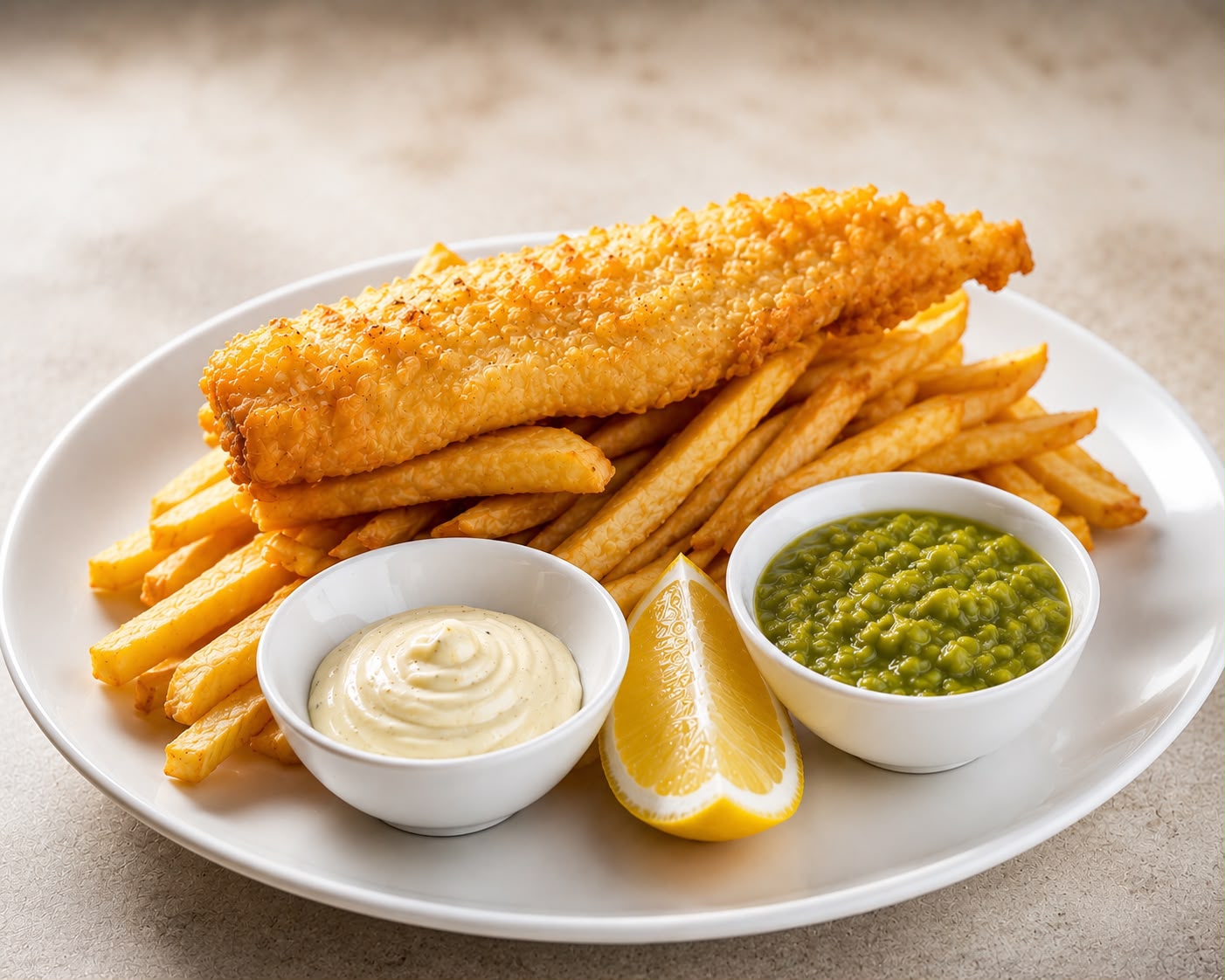 Battered cod with chips, mushy peas, tartare sauce and lemon