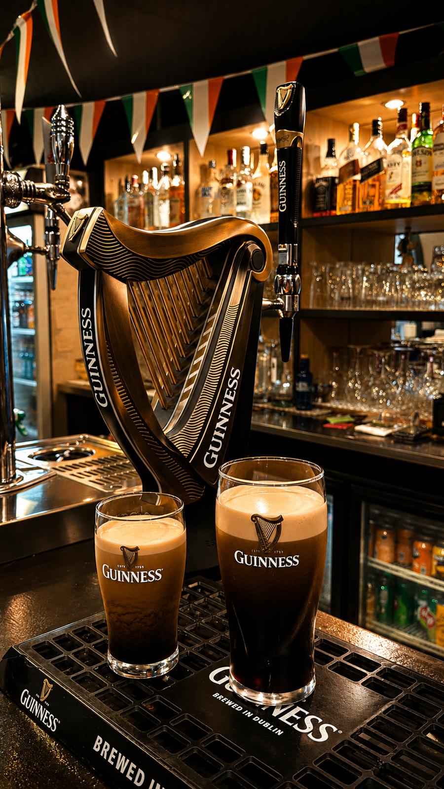 Two pints of Guinness under the Guinness harp tap at the bar