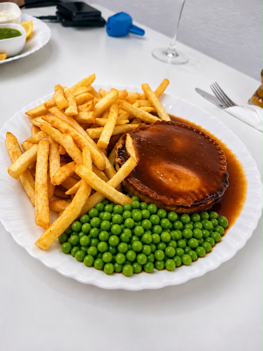 Steak and Guinness pie with chips, peas and gravy