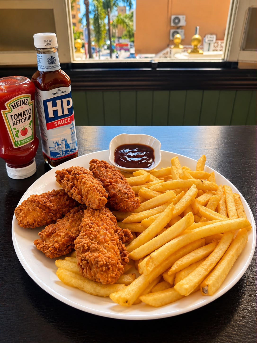 Chicken goujons with chips, ketchup and HP sauce at The Irish Table